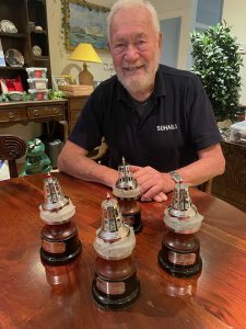 Sir Robin Knox-Johnston with his YJA Yachtsman of the Year keeper trophies